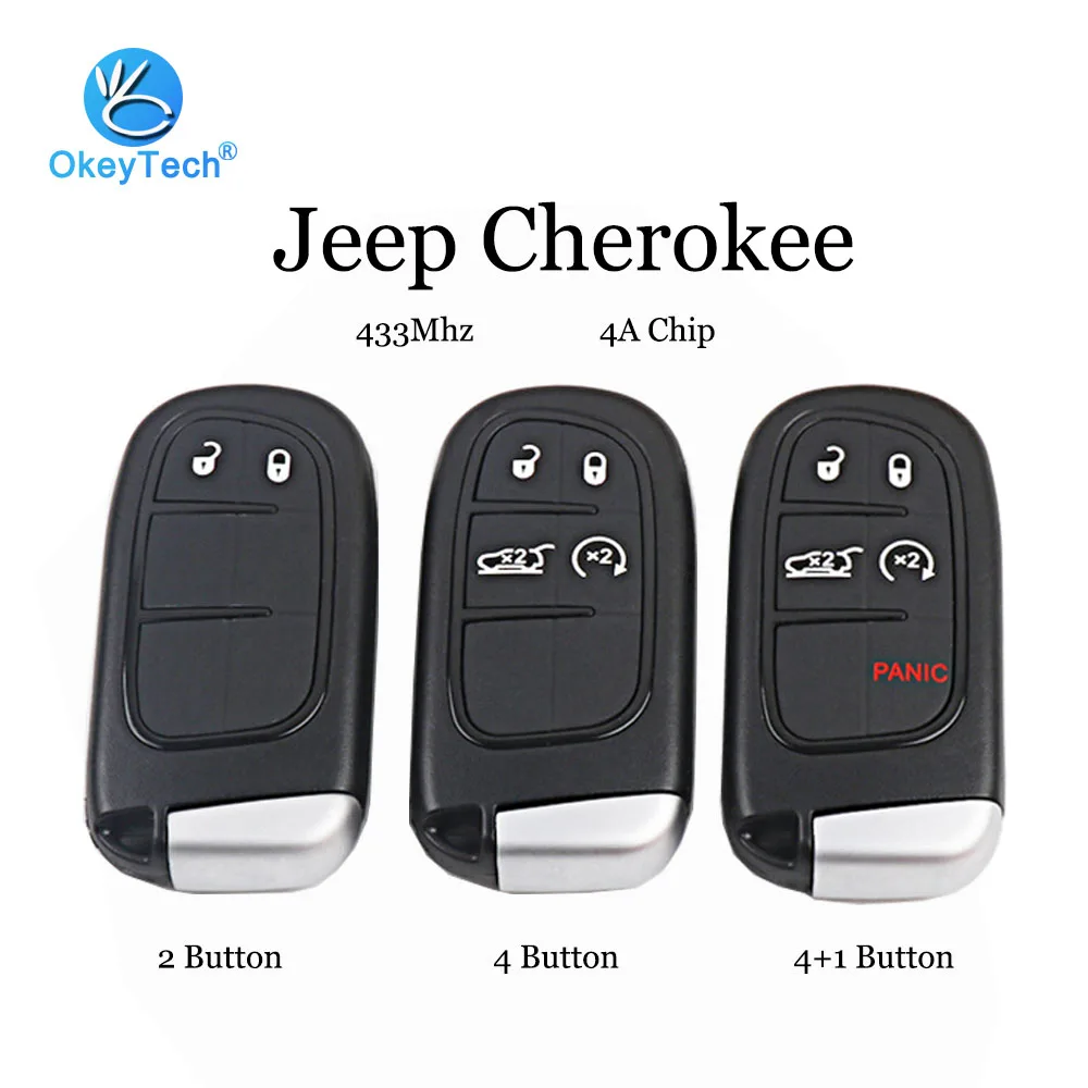 OkeyTech Keyless Entry 433Mhz 4A Chip with Insert Small Uncut Blade 2/4/4+1 Button for Jeep Cherokee Car Remote Smart Key Card