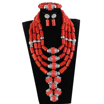 

Luxury 4 Layers Nigerian Real Coral Beads Jewelry Sets Coral and Silver Bridal Statement Necklace Set 2018 CNR271
