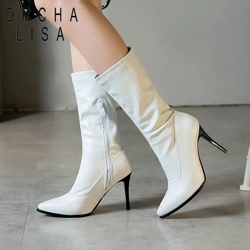 

ORCHA LISA Sexy winter Mid calf boots slim high stiletto heels Pointed toe leather Zipper booties Large size 45 46 Botines mujer