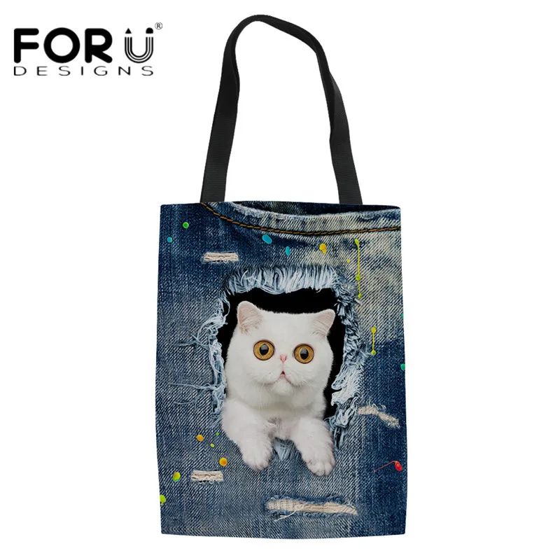 

FORUDESIGNS Blue Denim Cute 3D Animal Cat Dog Linen Tote Bags for Women Eco-friendly Folding Shopping Handbags Durable Cloth Bag