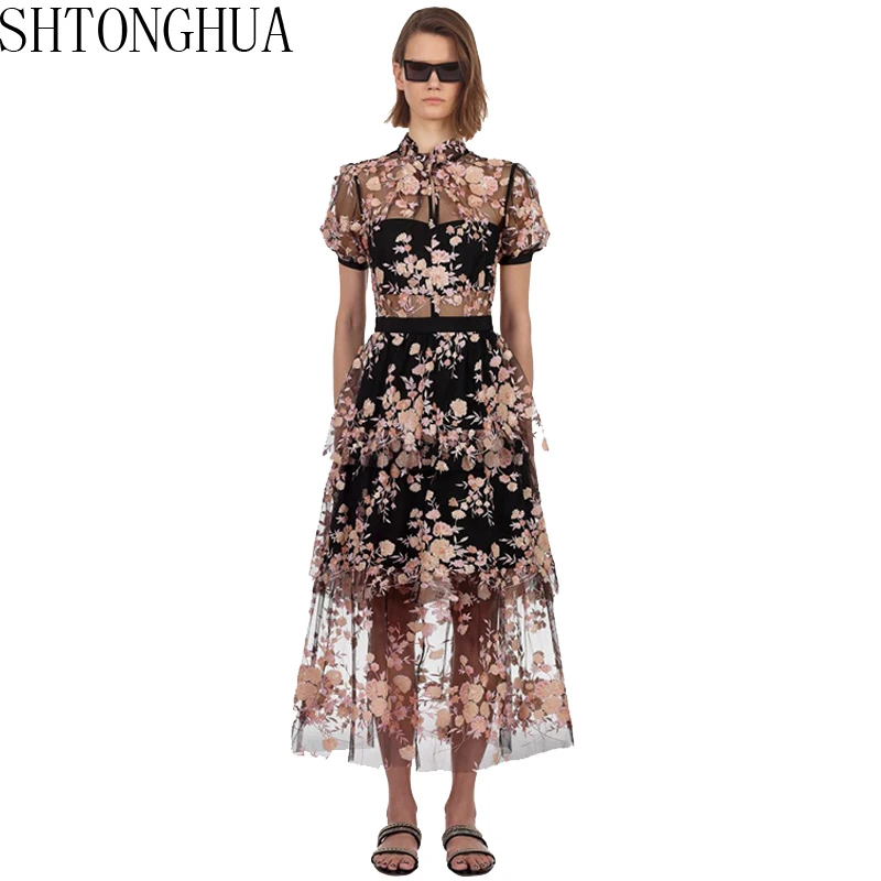 

SHTONGHUA Luxury Women Mesh Long Dresses Self Portrait Runway Summer Embroidery Floral Stand Patchwork Ruffles Holiday Dress