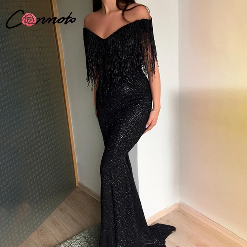 

Conmoto Sexy Off Shoulder V Neck Floor-Length Party Dress Black Sequin Women Mermaid Dresses Elegant Tassel Long Dress Vestido