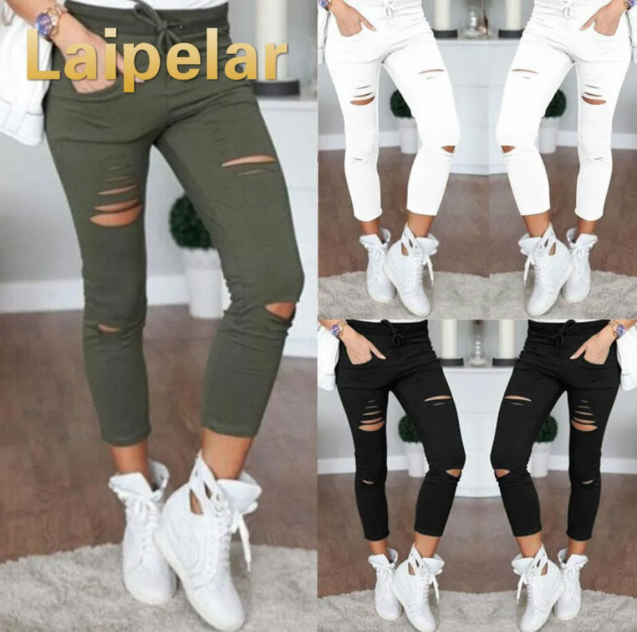 New 2018 Skinny Jeans Women Denim Pants Holes Destroyed Knee Pencil Pants Casual Trousers Black White Stretch Ripped Jeans