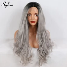 Sylvia черный до серый 2 T Ombre свободные волнистые синтетические парики на кружеве средний пробор натуральная половина ручной работы Термостойкое волокно