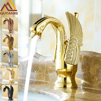 

Quyanre Black Chrome Golden Swan Basin Sink Faucet Single Handle Brass Mixer Tap Bathroom Sink Faucet Torneira do Banheiro