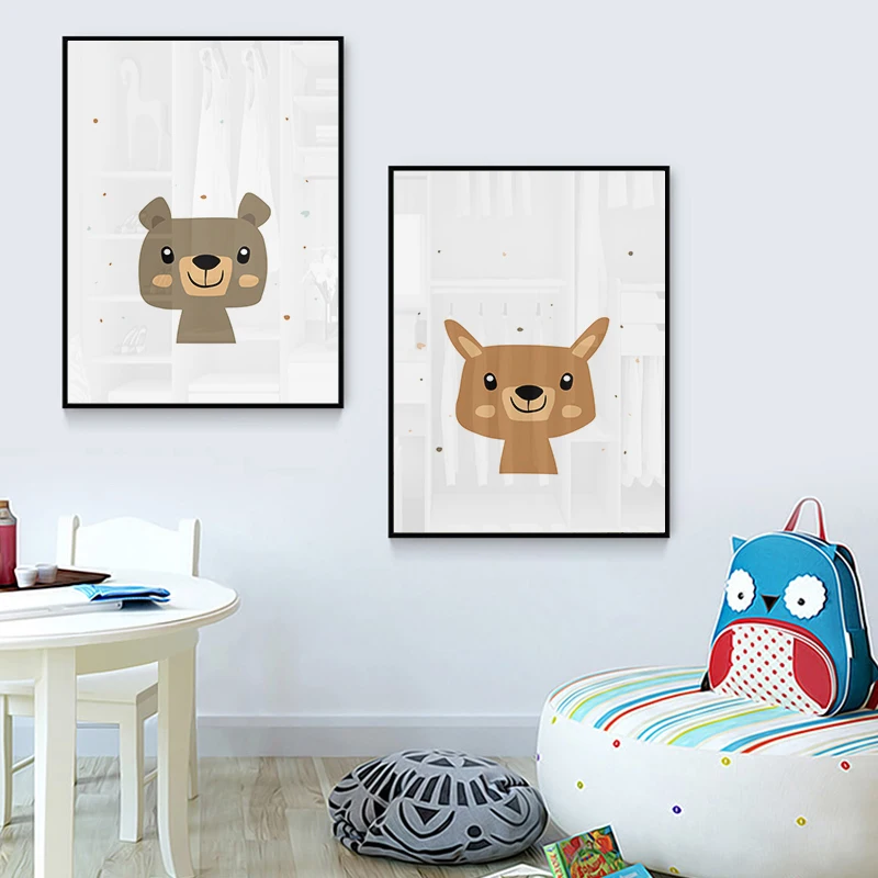 Kawaii Bear Dog Balloon Canvas Art Posters Woodland Animal Cartoon Nursery Prints Painting Wall Picture Baby Room Decoration