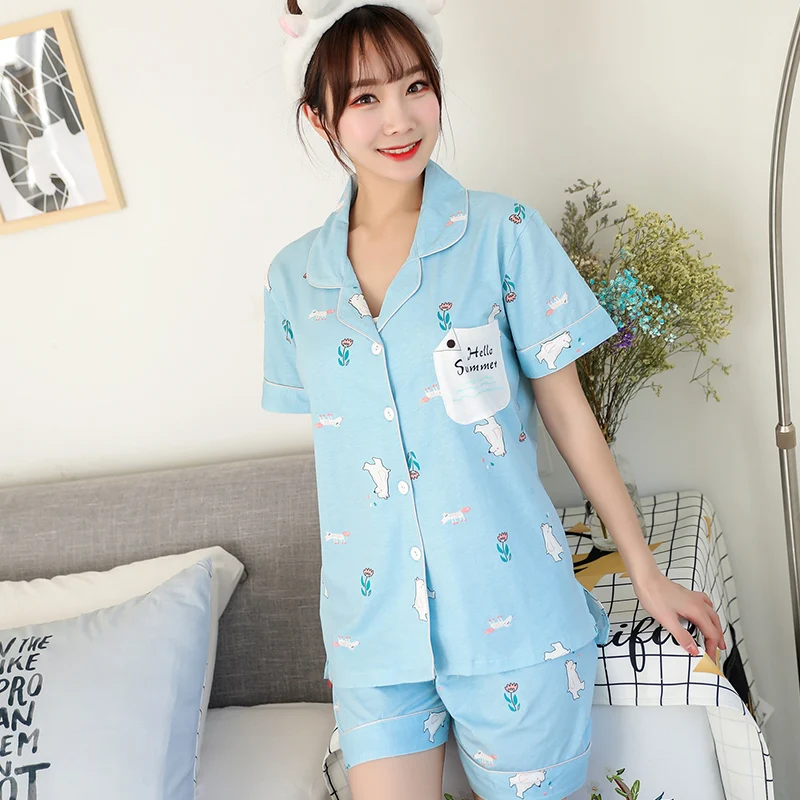 Womens Summer Cotton Pajamas Short Button Down Woven Pj Set Notch