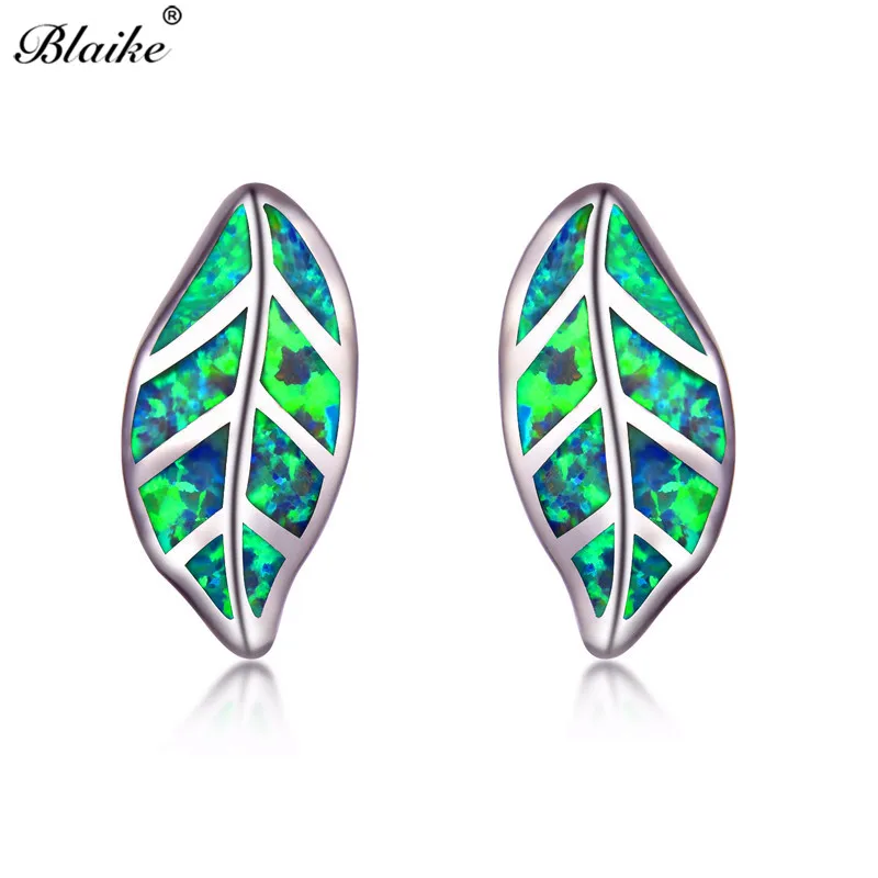 

Blaike Charm Plant Tree Leaf Stud Earrings For Women 925 Sterling Silver Green White Blue Fire Opal Earrings Wedding Girls Gift