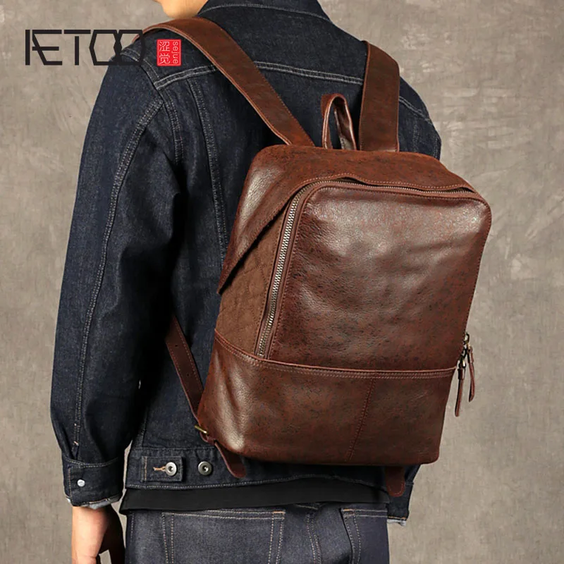 

BJYL Leather men's shoulder bag first layer leather computer bag casual trend travel bag personality flash point leather backpa