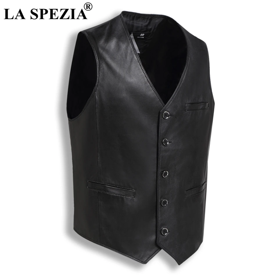 LA SPEZIA Genuine Sheepskin Leather Vest For Men Black Slim Fit Sleeveless Jacket Male Vintage Natural Leather Retro Waistcoat