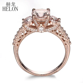 

HELON Solid 10K Rose Gold Pave Lightest Pink Morganite Round Full Cut Natural VS Diamonds Wedding Anniversary Women Jewelry Ring