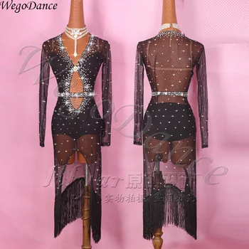 

Custom Latin dance dress sexy competition performance red and black elastic mesh costume woman