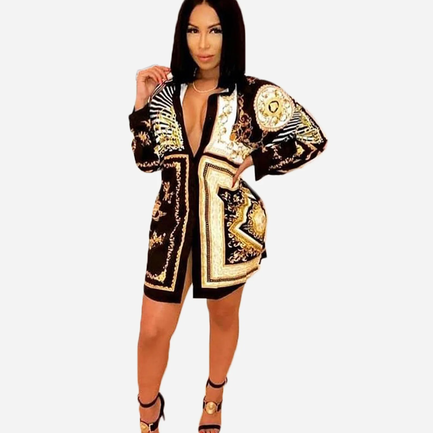 

2019 Spring Women Elegant Party Loose Button Shirt Print Knot Front Long Sleeve Blouse V-Neck shirts women 2019 ladies tops