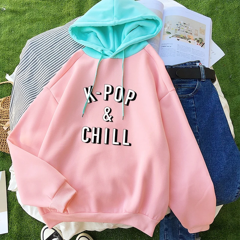  2019 Kpop Bangtan Boys Hoodie Sweatshirt Women Long Sleeve Fleece Thick Drop Shoulder Patchwork Tra