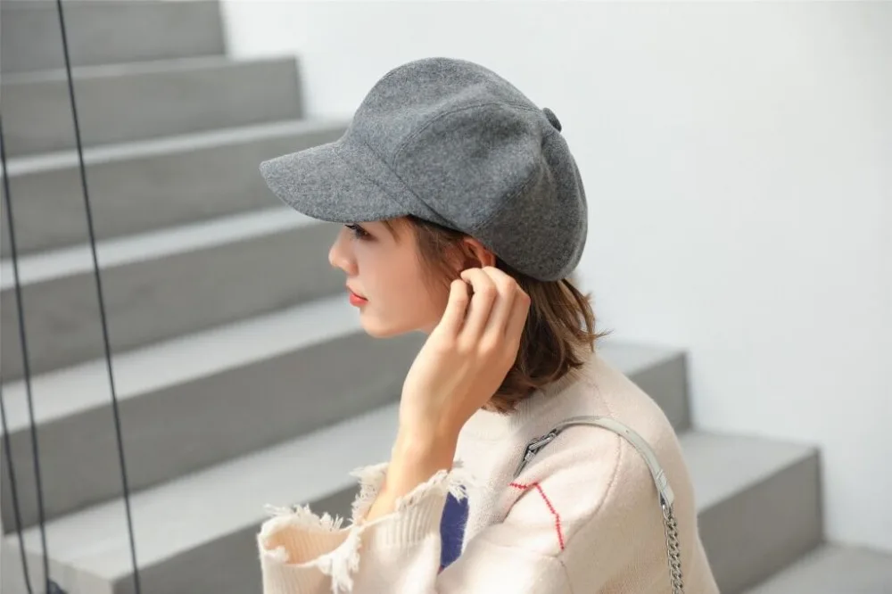 MAERSHEI wool Women Beret Autumn Winter Octagonal Cap Hats Stylish Artist Painter Newsboy Caps Black Grey Beret Hats