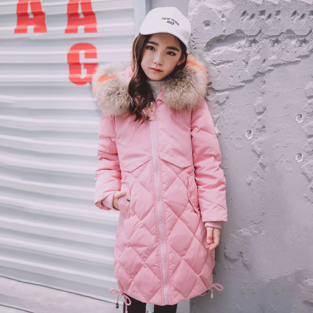 

XYF8821 Girl Winter 100% White Duck Down Coat Child Big Fur Collar Keep Warm Thick Hooded Jacket Long Outerwear kids Windbreaker