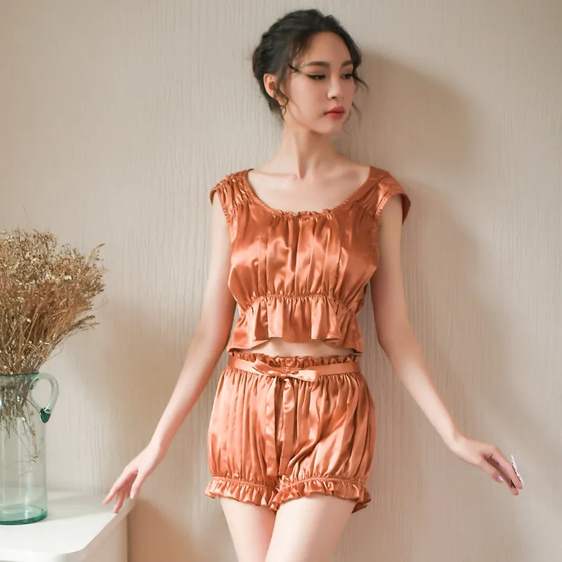 

Yhotmeng new summer round neck sexy retro pleated pajamas luxury sweet simple ice silk fabric bloomers pajamas set