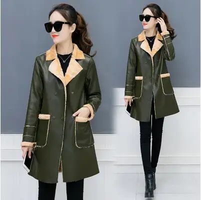 Верхнее комбинированное пальто из овчины женская куртка из искусственной кожи со шнуровкой размера плюс длинное хлопковое пальто - Цвет: 446 green