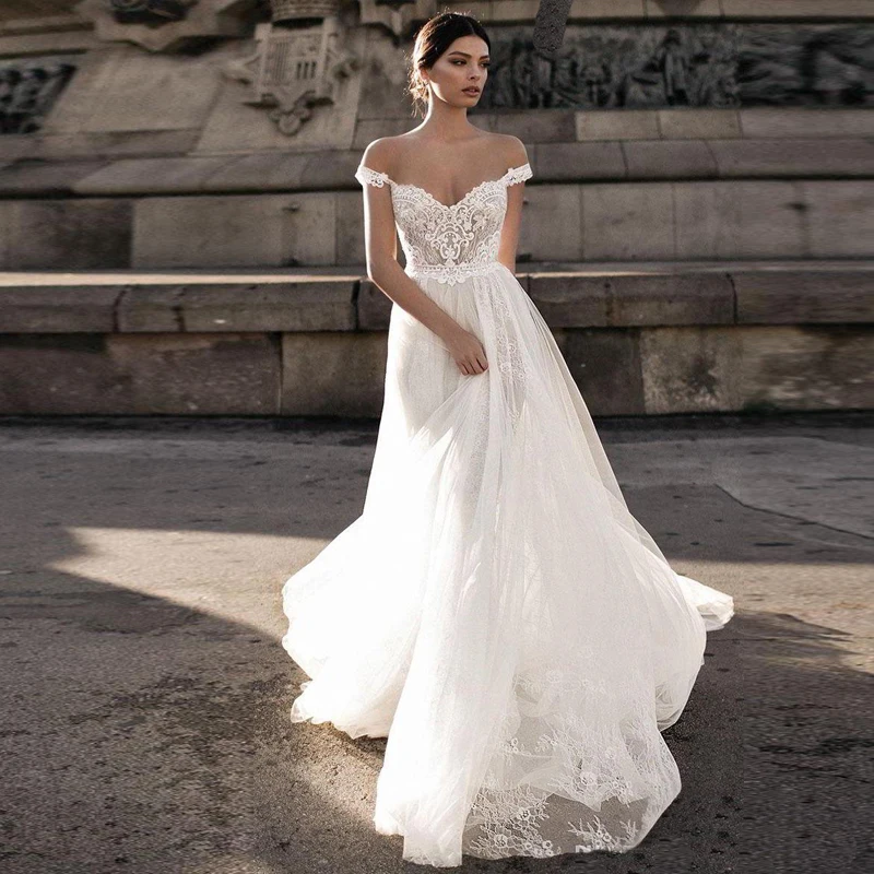

Sexy Wedding Dress 2019 Boho Plus Size Viintage Lace Applique Off the Shoulder Sleeveless Backless Floo Length vestido de noiva