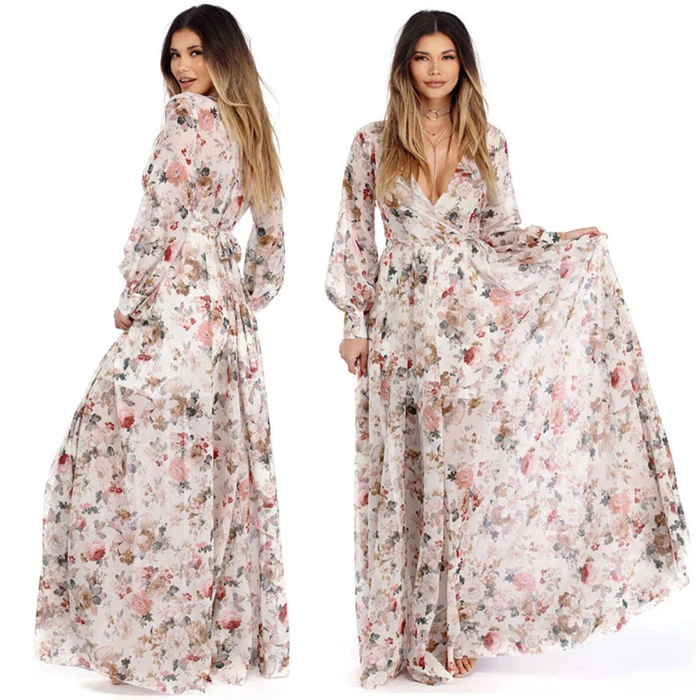 

Women V Neck Long Sleeve Chiffon Floral Casual maxi dresses for women Long Maxi Evening Party Dress sukienka maxi#35