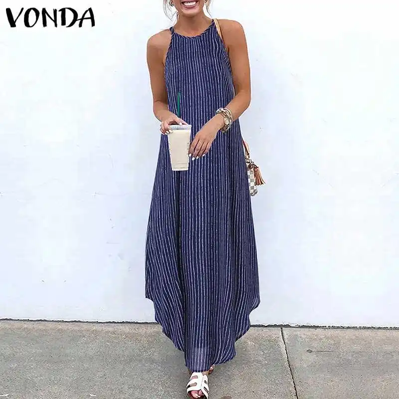 

VONDA Fashion Women Spaghetti Strap Halter Neck Striped Long Dress Asymmetric Hem Kaftan Casual Loose Dress Plus Size Vestidos