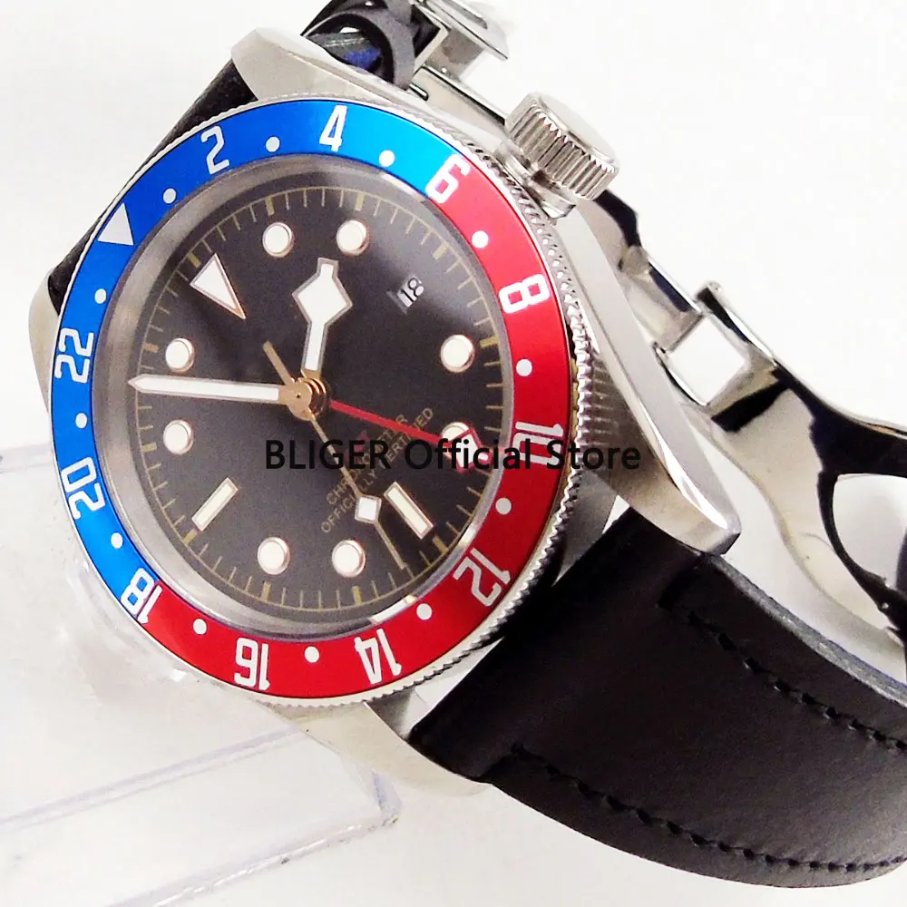 

New BLIGER Brand Round 41mm Sapphire Crystal Automatic Men's Watch With Auto Date Rotating Bezel Leather Strap