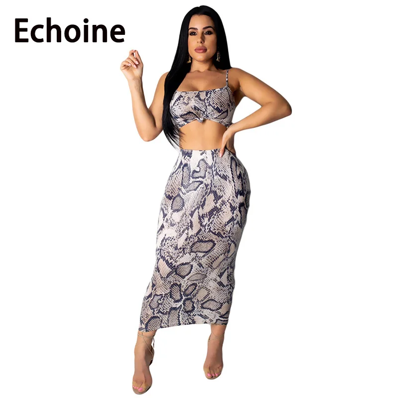 

Echoine Fashin Snake Print 2 Piece Outfits For Women Spaghetti Straps Crops Top And Dress Slinky Sexy Ladies Summer Clothing