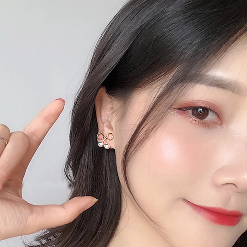 Женские милые серьги-гвоздики с бантиком для девочек, жемчужные мини-серьги, Женские Романтические милые маленькие серьги с бантиком, модные украшения