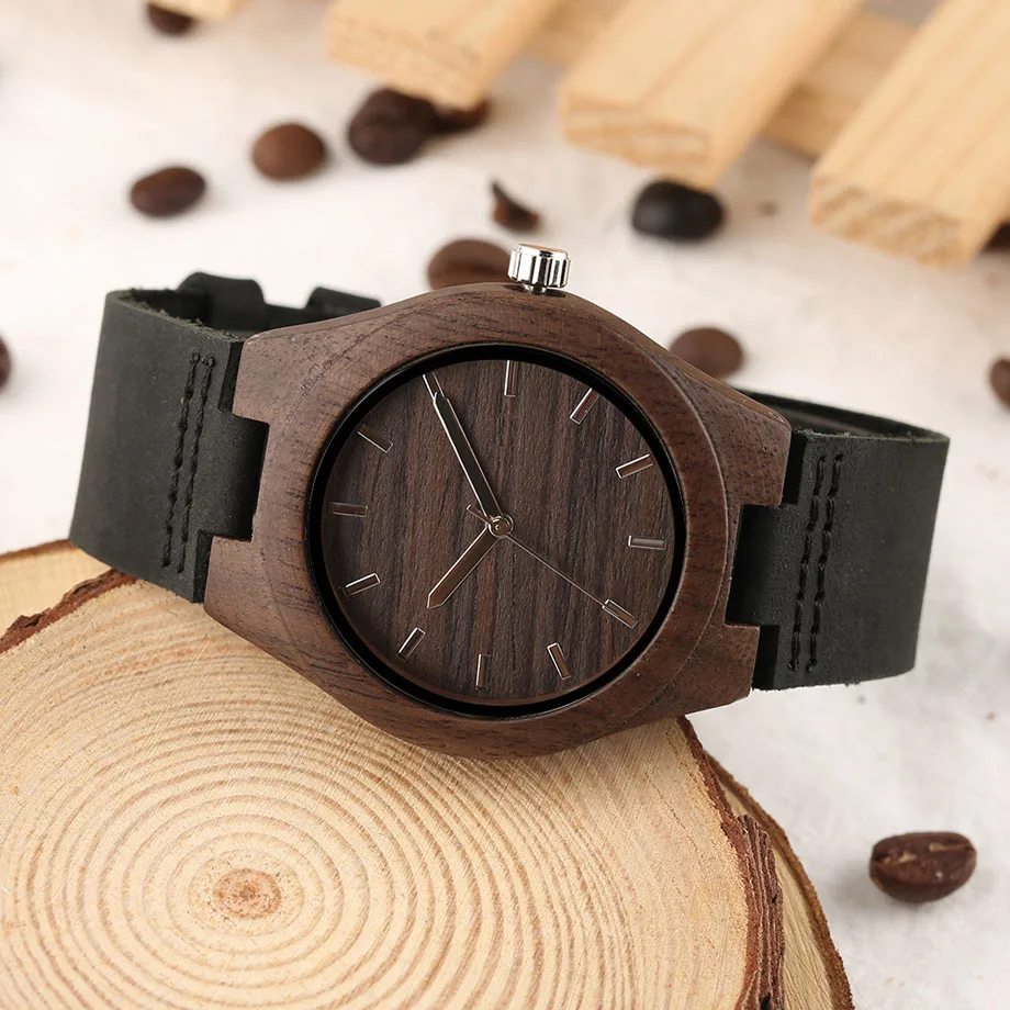 Natural Hand-made Women Wooden Watch Black Genuine Leather Strap Wooden Case Vintage Ladies Quartz Bamboo Wristwatch Gifts (9)