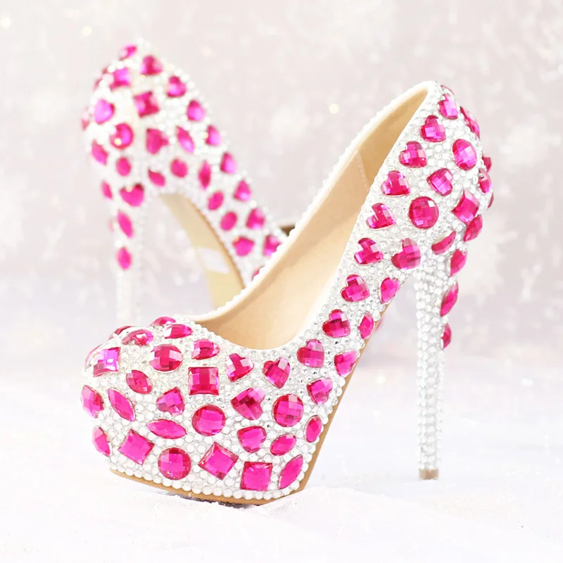 2018 High Heel Luxury Rhinestone Bridal Dress Shoes Pink Crystal