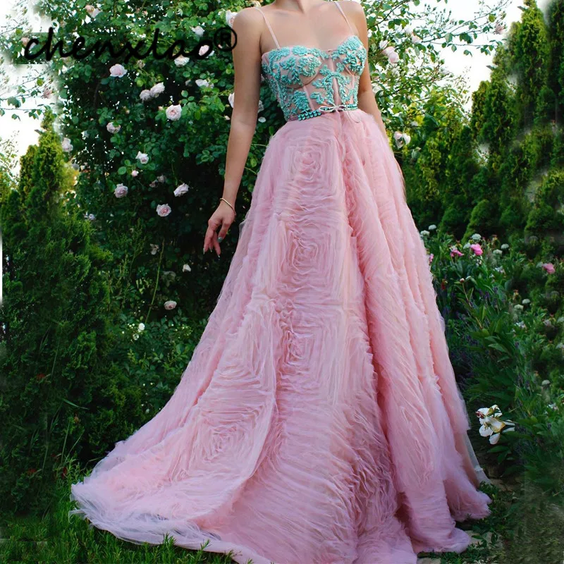 US $111.30 Chenxiao Pink Evening Dress Long ALine Spaghetti Strap Sweetheart Hand Beading Floor Length Evening Dresses Formal Vestidos