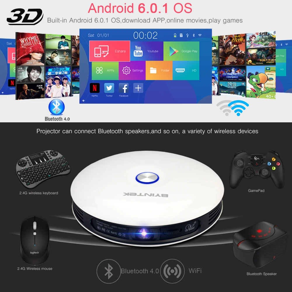 BYINTEK UFO R11 Smart 3D 200 дюймов Android Wifi беспроводной DLP видео портативный светодиодный