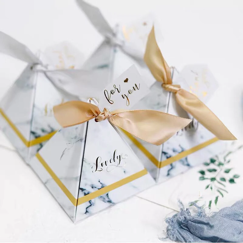 

100pcs Triangular pyramid lovely gray golden marble style Wedding Favor Candy Box Party Christmas Gifts Box + Ribbon + tags