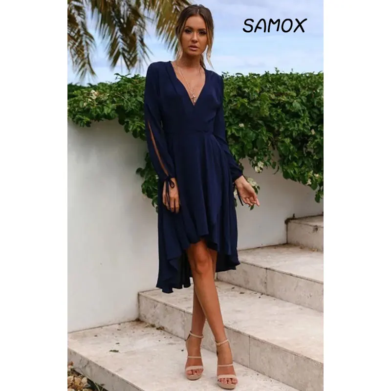JSMY 2019 New Tuxedo Dress Summer Fashion Women Long Sleeve V-neck Chiffon Drawstring Irregular