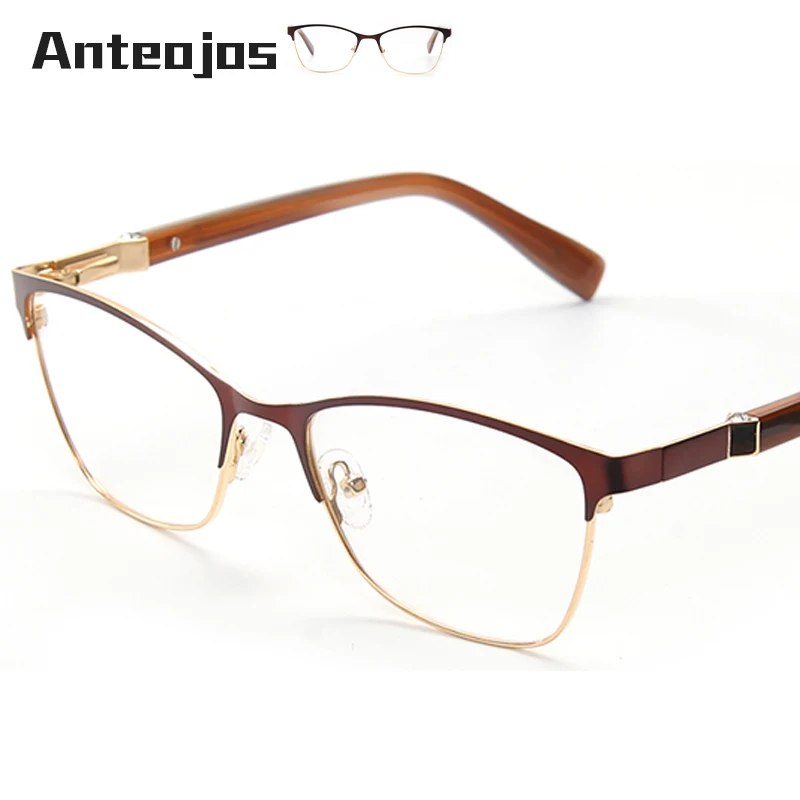 

ANTEOJOS Women's Eyewear Frame 2019 Fashion Diamond Decoration Brown Metal Spring Hinge Female Spectacles Frames For Myopia C