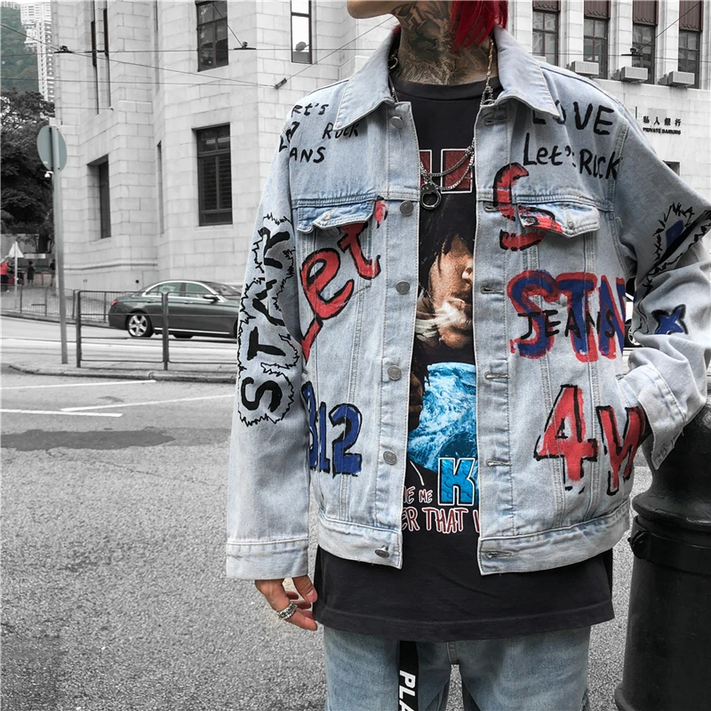 Джинсы с рисунком «граффити», мужская куртка, новинка, модная джинсовая мужская куртка в стиле хип-хоп, уличная одежда