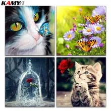 5D DIY алмазов картина вышивки крестом Cat розовыми цветами полный квадратный алмаз вышивка бабочки котенка круглый Алмазная мозаика Daisy