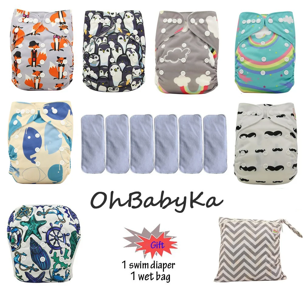 Тканевые подгузники Ohbabyka с принтом единорога 6 шт. моющиеся + вставок из