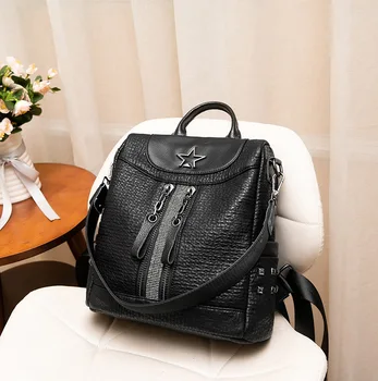

Student Backpack Travel New Black Fashion Star Women Bag 2018 Rivets Sheepskin Casual Mochila Feminina Small Backpack