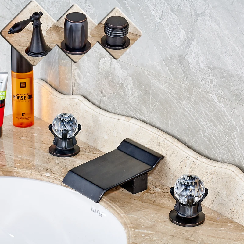 

Oil Rubbed Black Waterfall Spout Two Handles Bathroom sink Basin Faucet Deck Mounted Three Hole Washbasin Mixer Taps