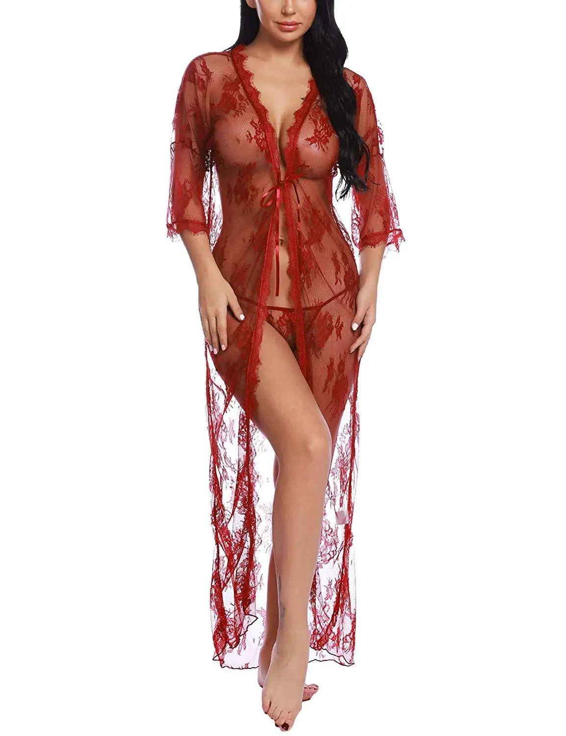 Женское нижнее белье, сексуальное кружевное длинное платье-халат, Babydoll, нижнее белье, стринги - Цвет: wine red