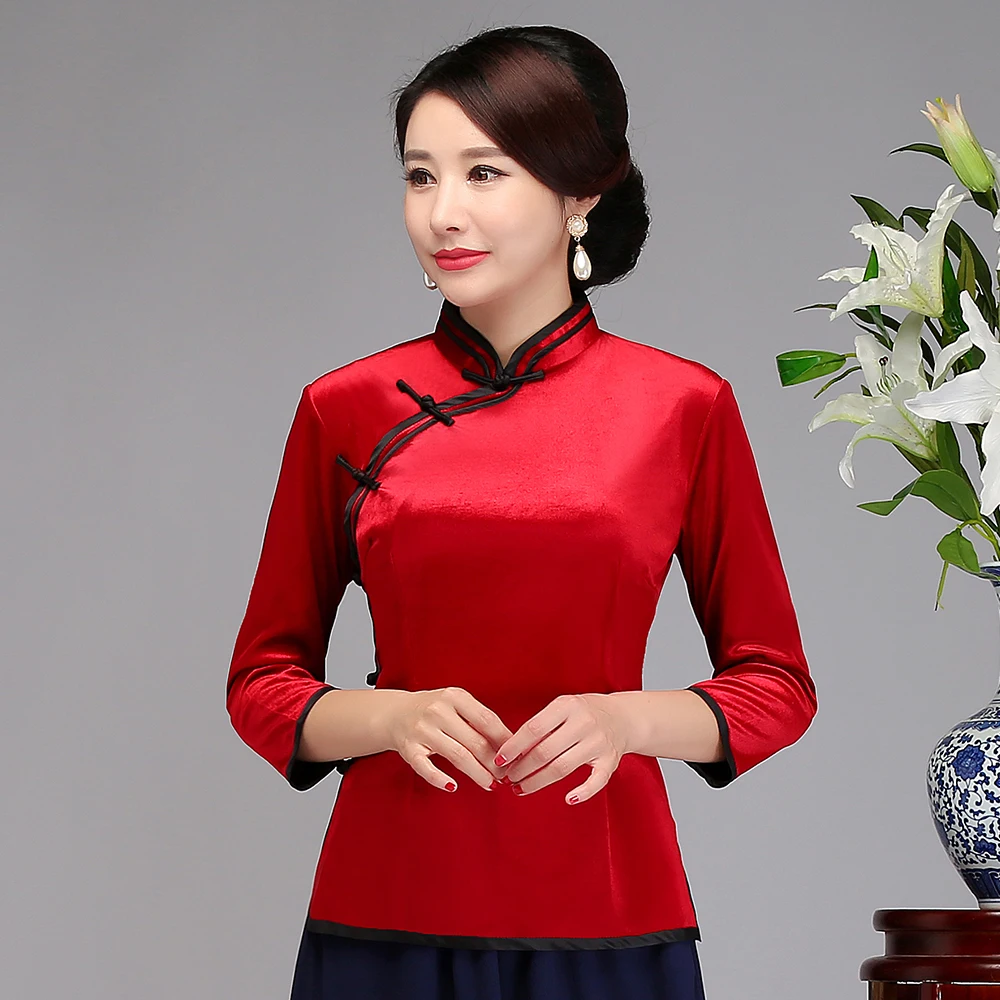 Ropa Oro Flower Casual Tang Vintage Mujer Mujeres Blusa Top azul Tradicional rojo negro Camisa Azul De Sólido Black Mejorado Terciopelo Clásico C6OTqt