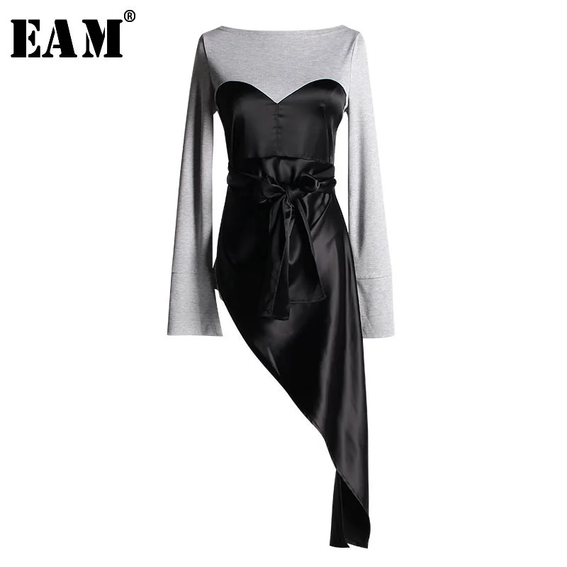 

[EAM] 2019 New Spring Summer Round Neck Long Sleeve Black Irregualr Bandage Stitch Loose Dress Women Fashion Tide JI8310