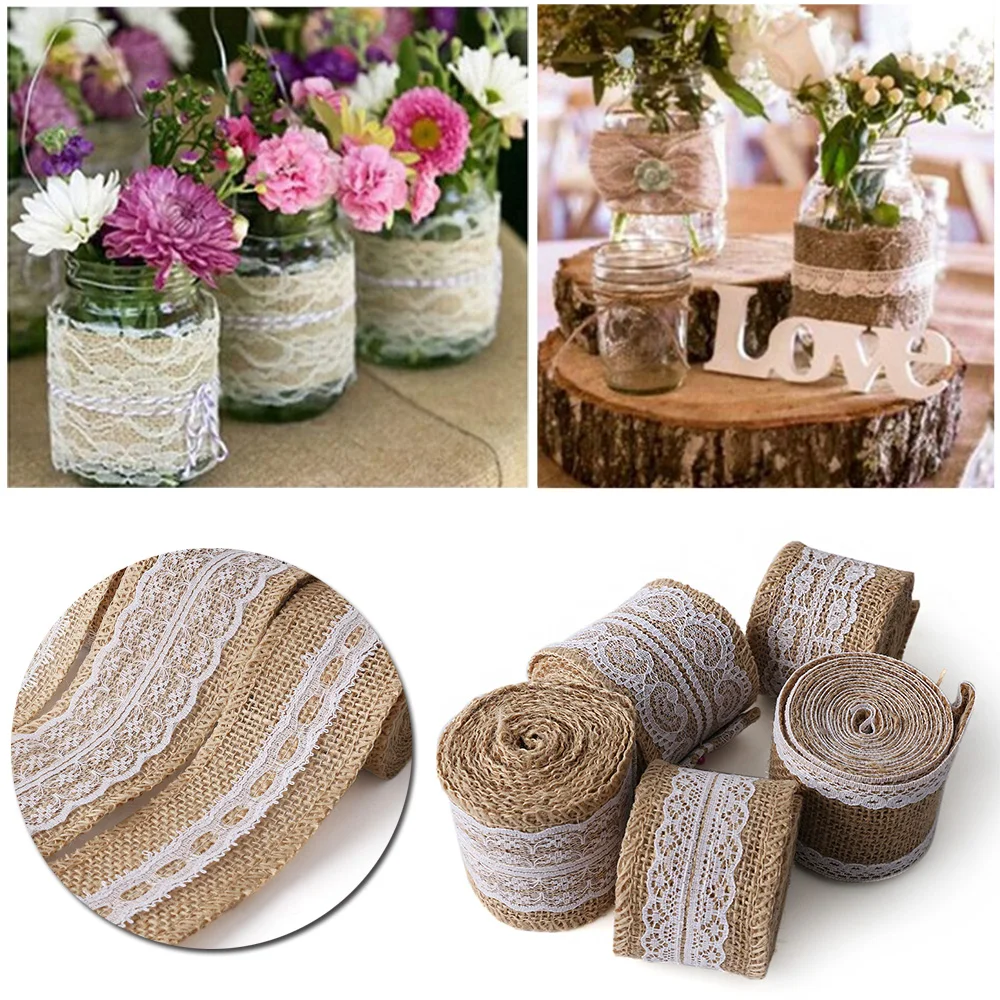 

Natural Vintage 2M Jute Burlap Hessian Lace Ribbon Trims Tape Roll DIY Art Craft Rustic Mariage Wedding Decoration Party Supplie