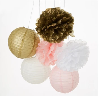 

Set of 12 Mixed Gold Pink White Tissue Paper Pom Poms Flower Hanging Paper Lantern Balls Wedding Birthday Shower Decoration