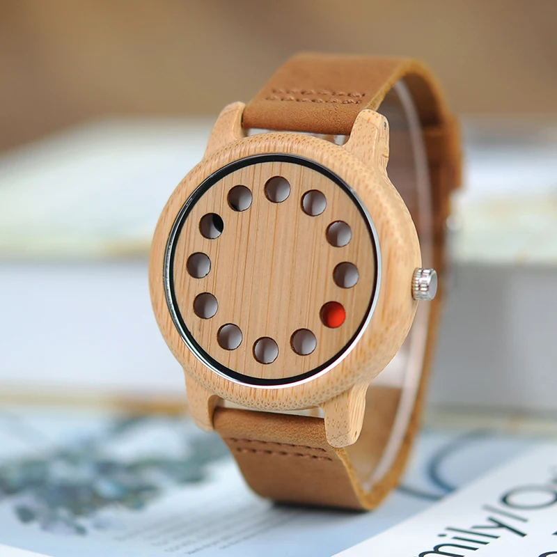 BOBO BIRD 12 Holes Design Bamboo Wooden Watch Mens Quartz Analog Watches erkek kol saati with Leather Band as Gift
