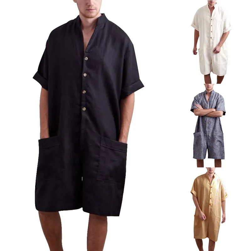 

MJARTORIA Men's Stand Collar Solid Color Single-breasted Fashion Casual Jumpsuit Summer Siamese Short Sleeve