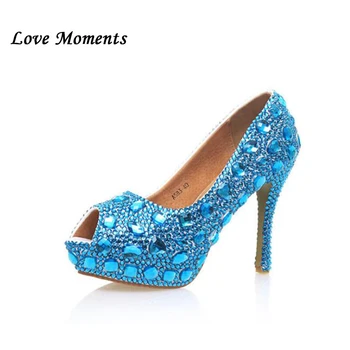 

New arrival Open Toe Sea blue Rhinestone wedding shoes High shoes woman Bridal Fashion Pumps Peep Toe Pig leather Lining Pumps