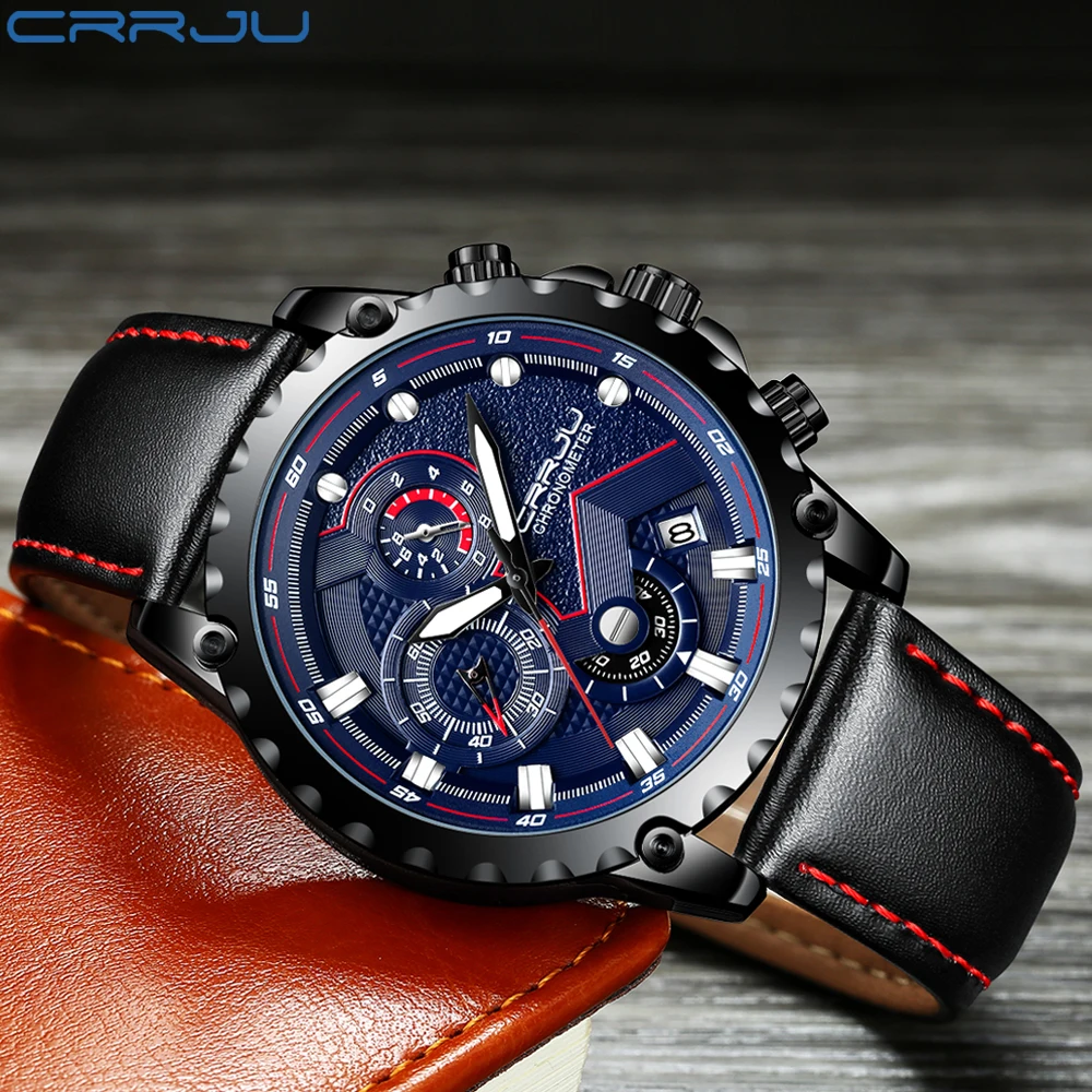  CRRJU Mens Watches Top Brand Luxury Quartz Black Watch Men Casual Leather Military Waterproof Sport