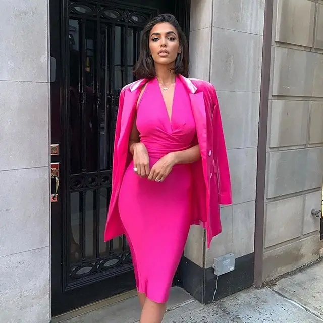 

Free Shipping Sexy V Neck Hot Pink Bandage Dress 2019 Designer Fashion Party Dress Vestido